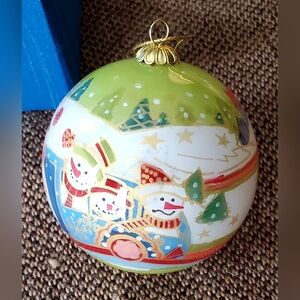 Festive Snowman Glass Ornament - Green and Gold